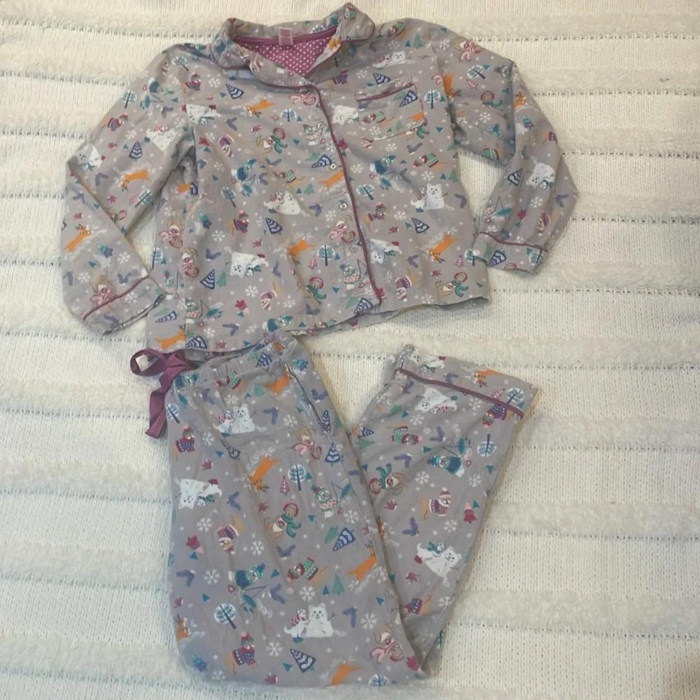 Holiday dogs Christmas tree Flannel winter pajamas 100% cotton gray women size L